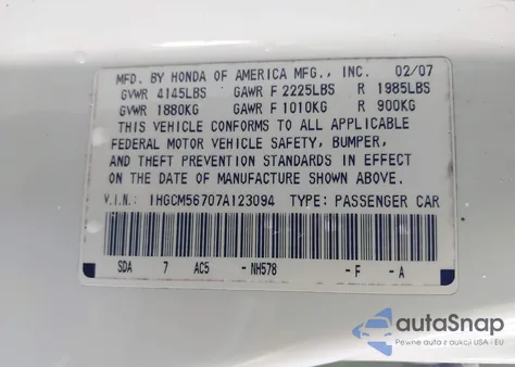 2007 Honda Accord 2.4 Ex z USA, uszkodzony, nr VIN 1HGCM56707A123094